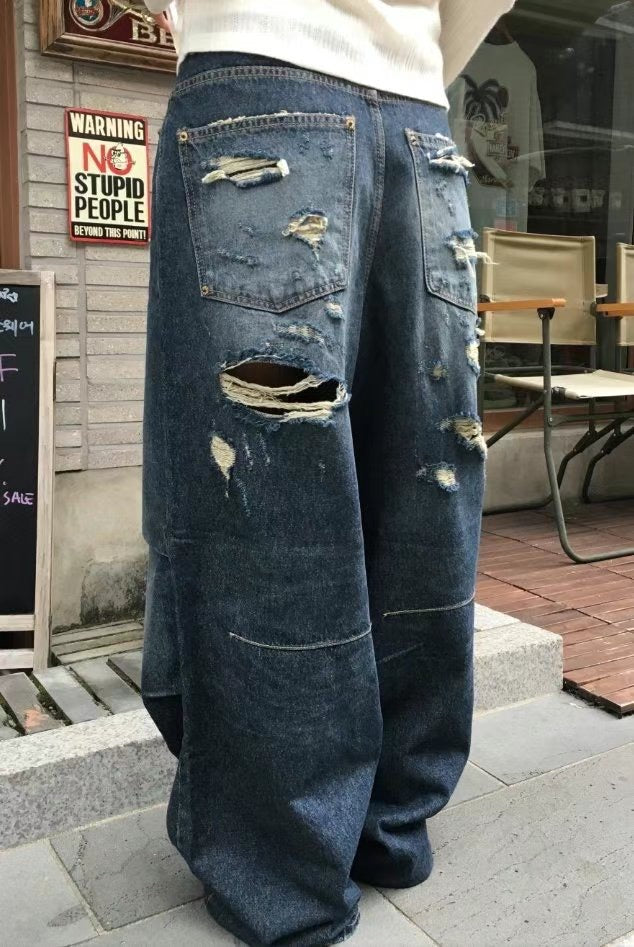 Back Distressed Wide Jeans