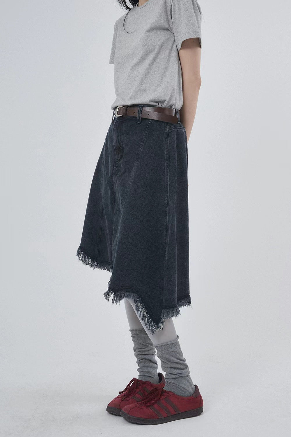 Irregular Tassel Denim Mid-skirt