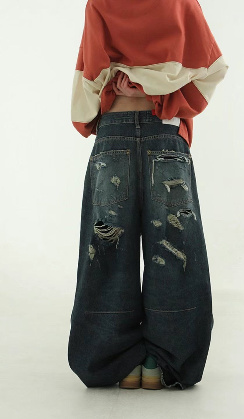 Back Distressed Wide Jeans