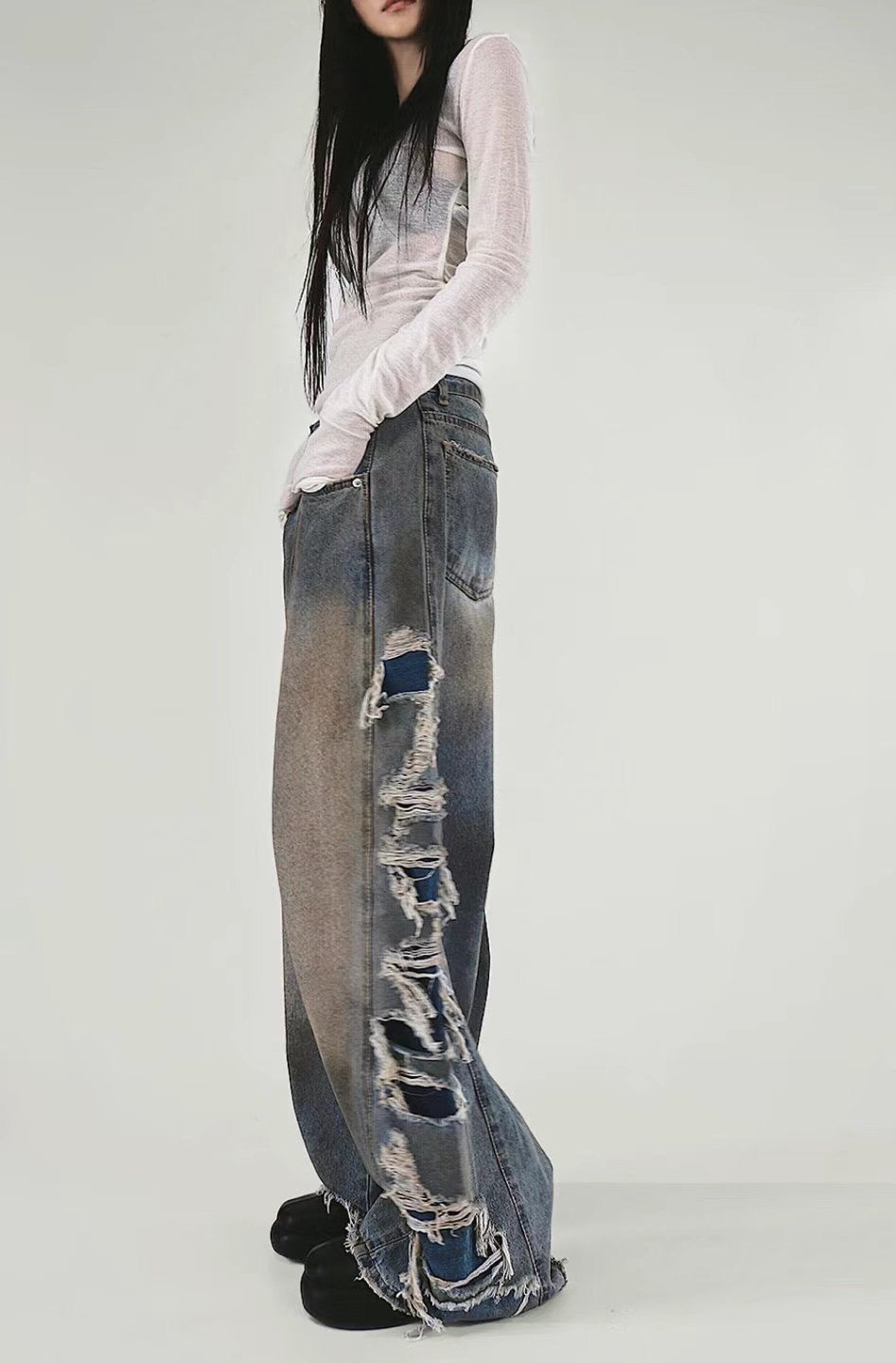 Side Damaged Vintage Denim Jeans (預訂)