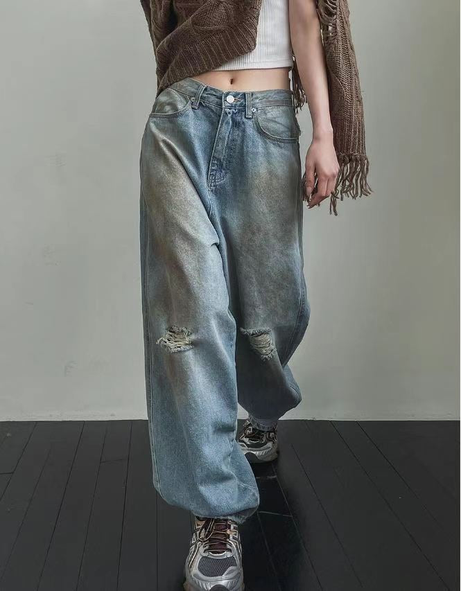 Dirty Damaged Baggy Denim Jeans