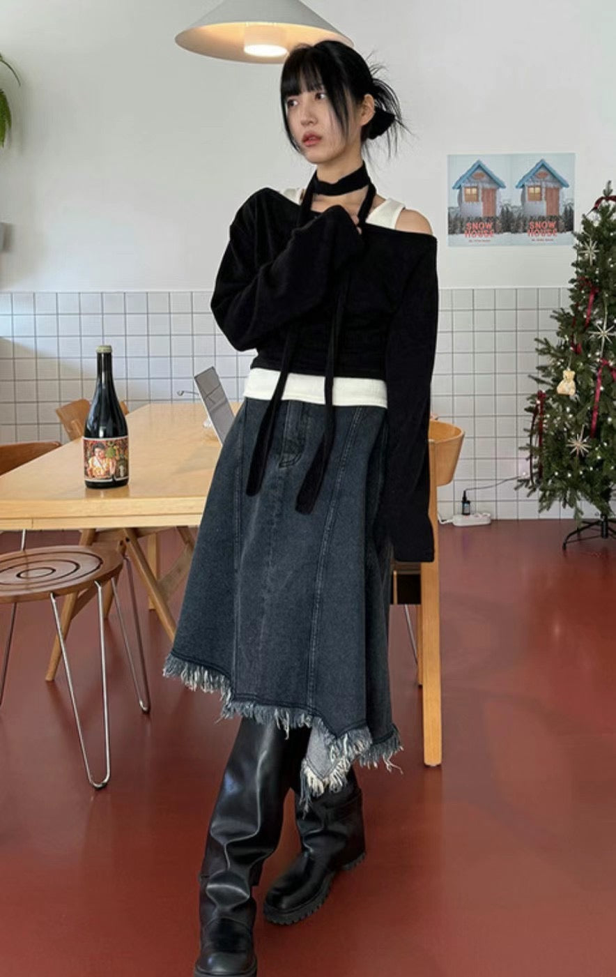 Irregular Tassel Denim Mid-skirt