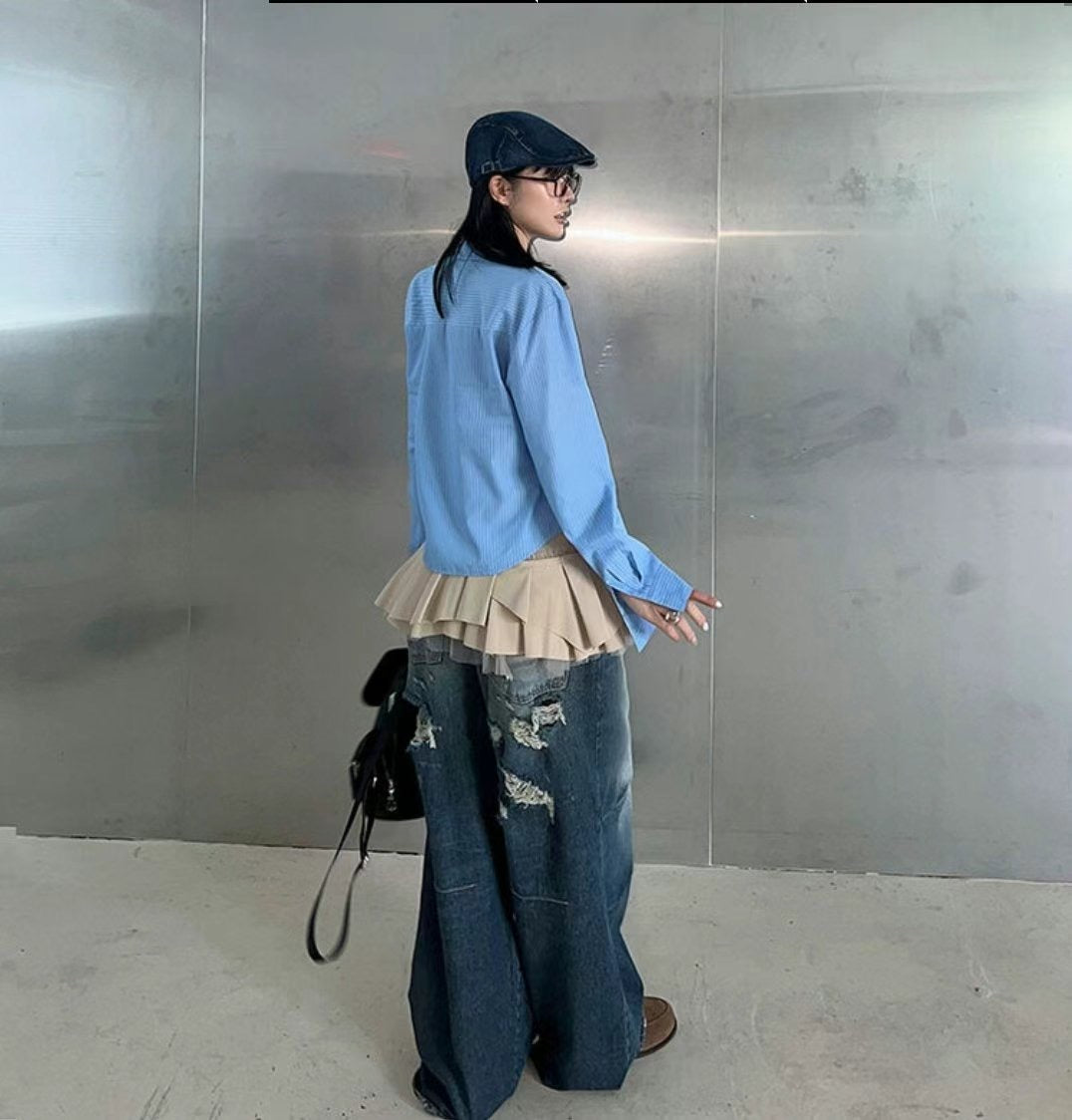 Back Distressed Wide Jeans