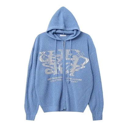 Two-ways Zip up Print Knit Hoodie