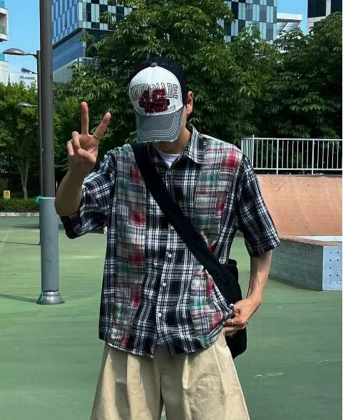 Patchwork Checked Half Shirt
