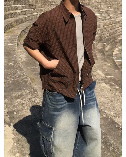 Two-ways Zipper Checkered Shirt