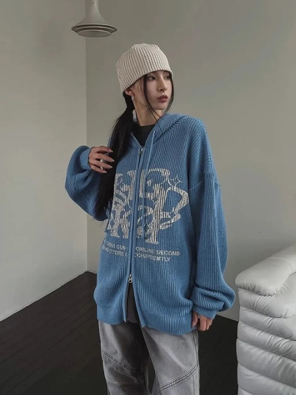 Two-ways Zip up Print Knit Hoodie