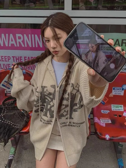 Two-ways Zip up Print Knit Hoodie