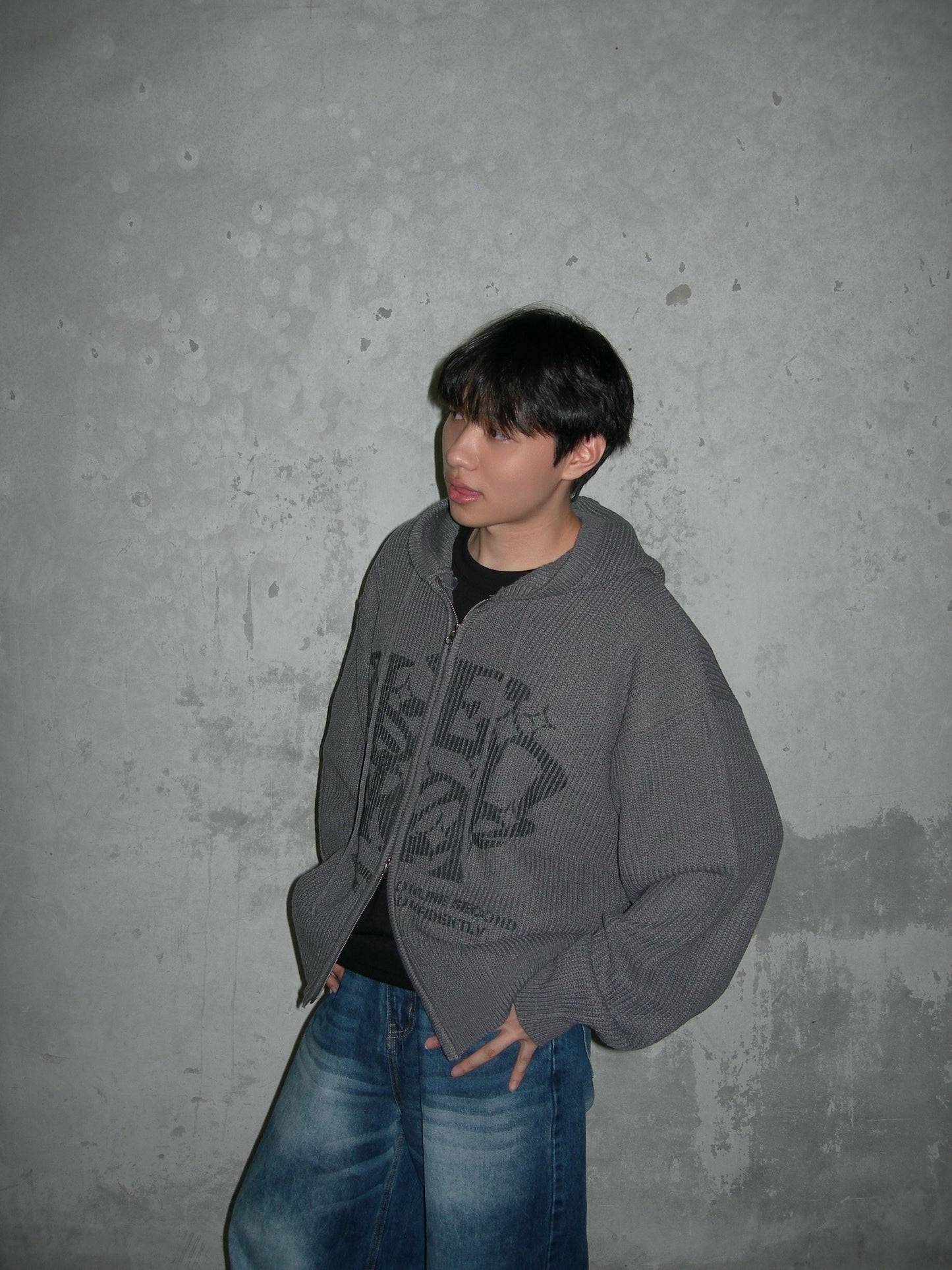 Two-ways Zip up Print Knit Hoodie