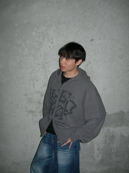 Two-ways Zip up Print Knit Hoodie