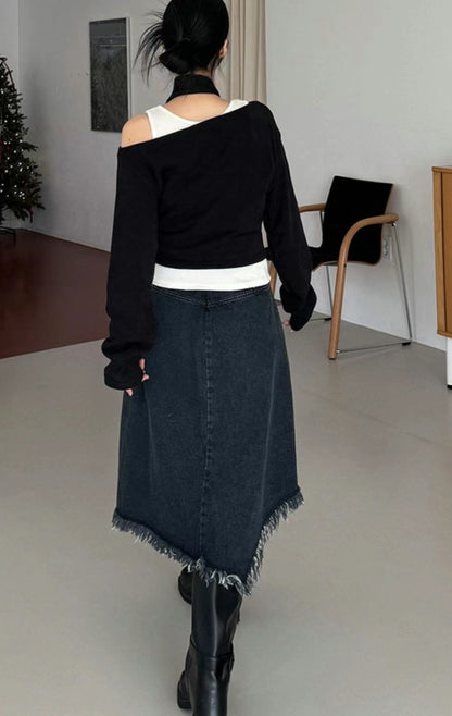 Irregular Tassel Denim Mid-skirt