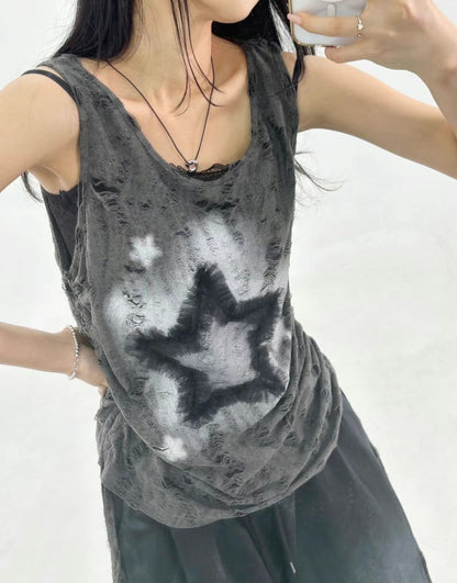Star Damaged Sleeveless Top