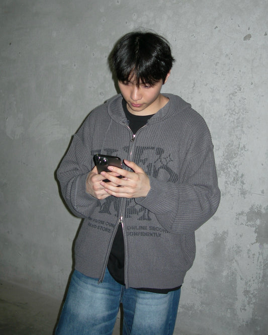 Two-ways Zip up Print Knit Hoodie