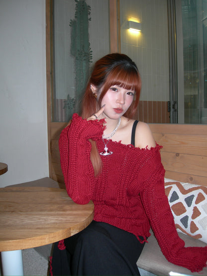 Ripped Off-shoulder Knitwear