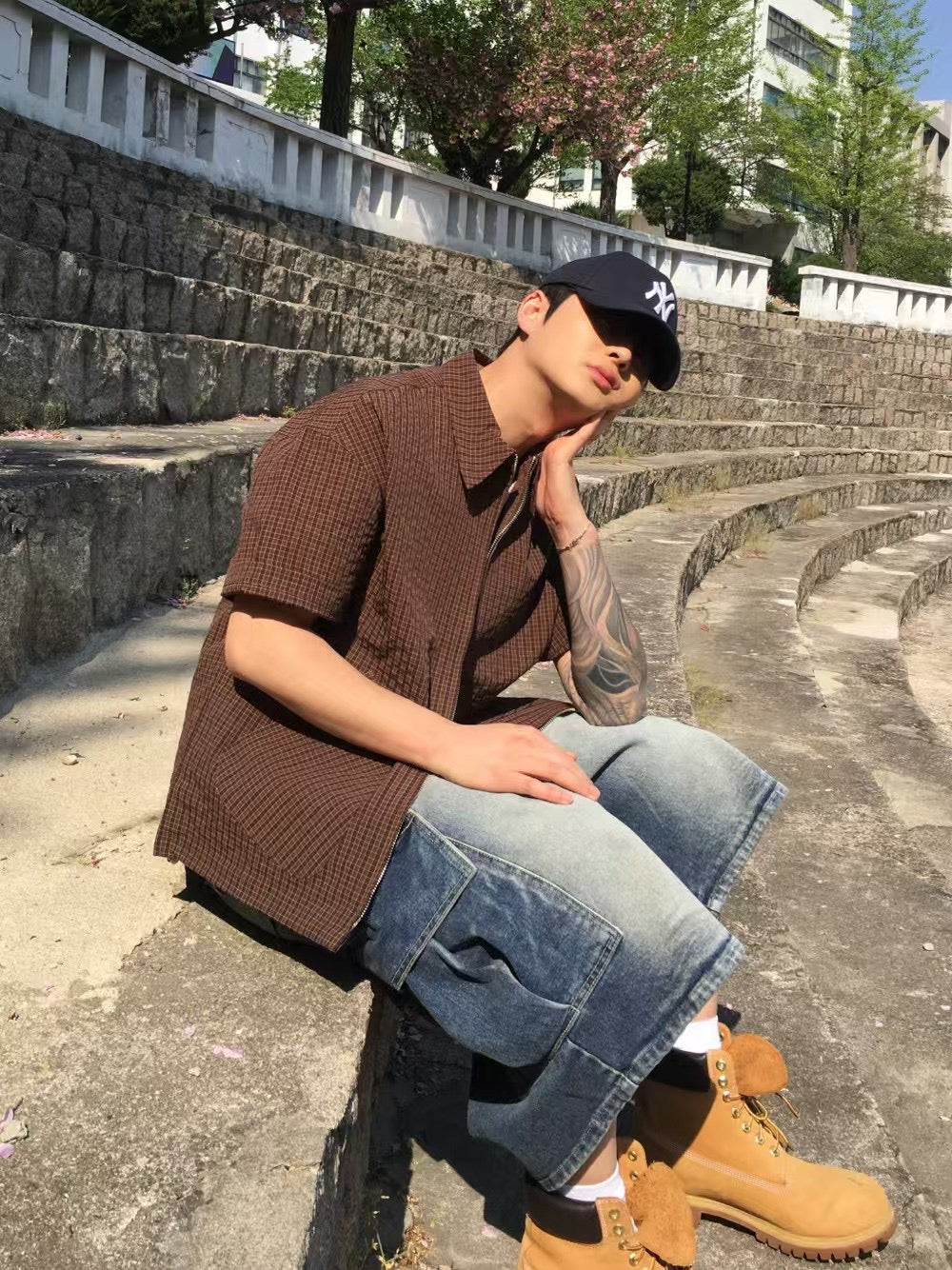 Two-ways Zipper Checkered Shirt