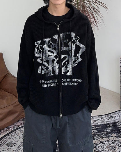 Two-ways Zip up Print Knit Hoodie