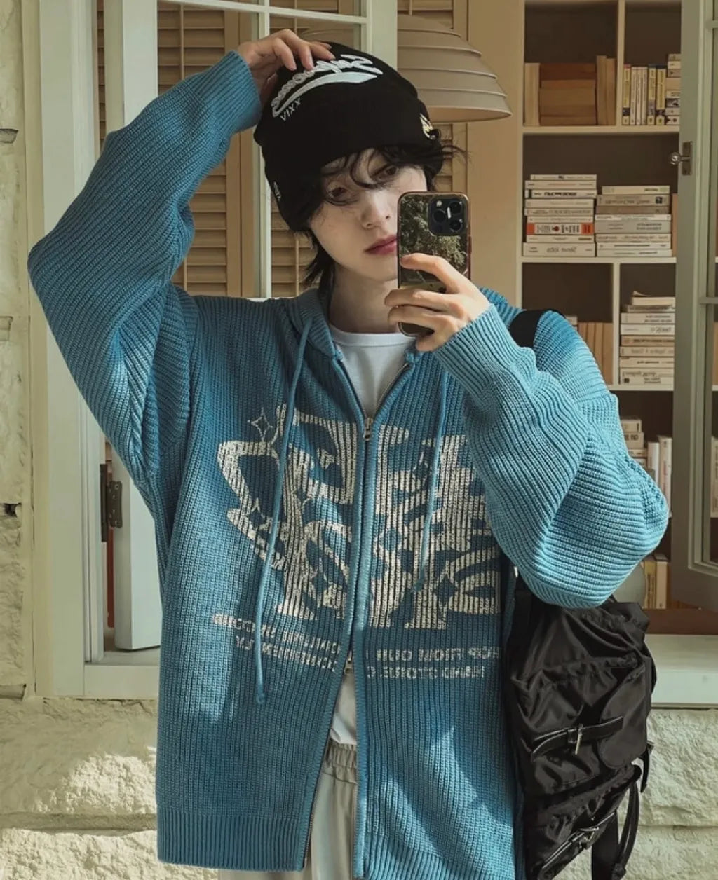 Two-ways Zip up Print Knit Hoodie