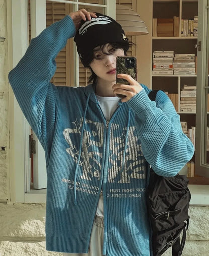 Two-ways Zip up Print Knit Hoodie