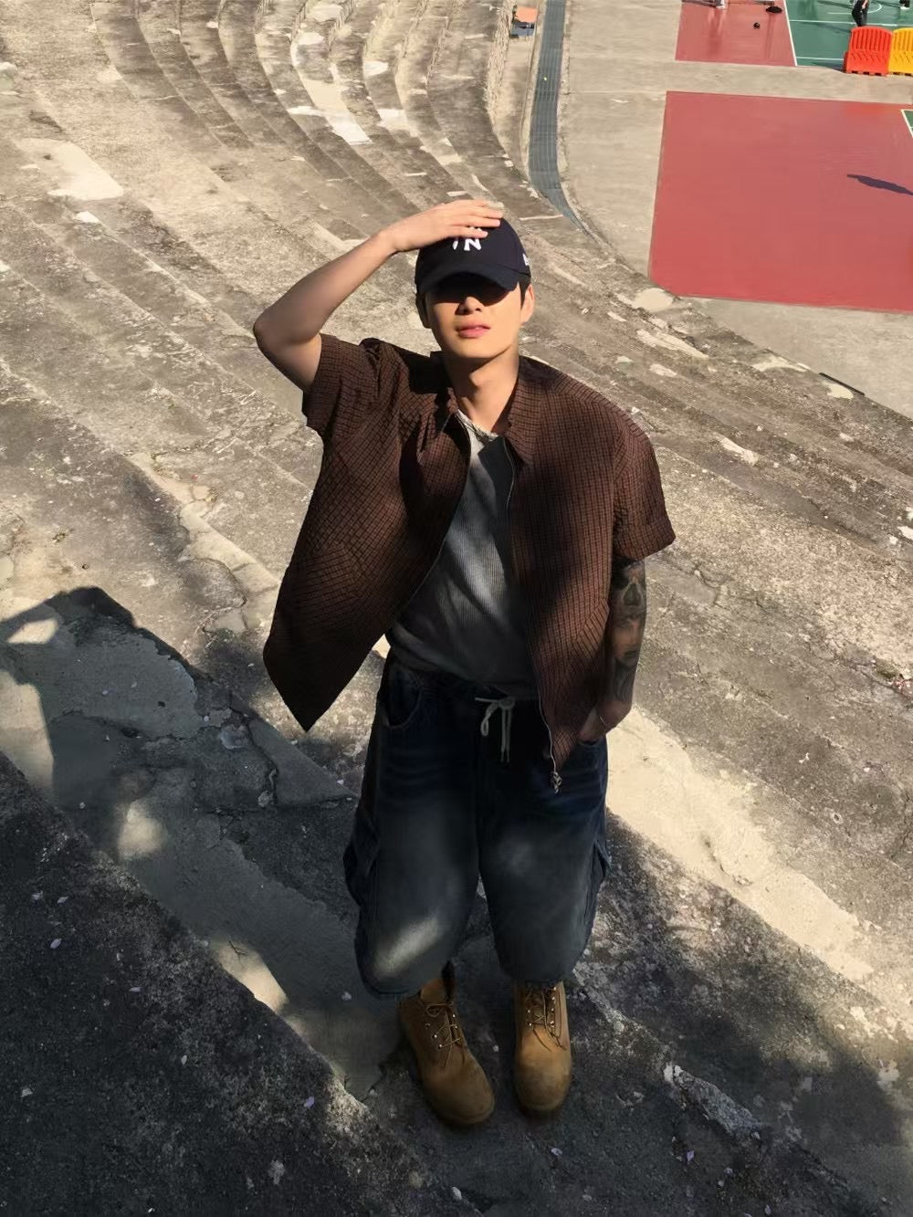 Two-ways Zipper Checkered Shirt