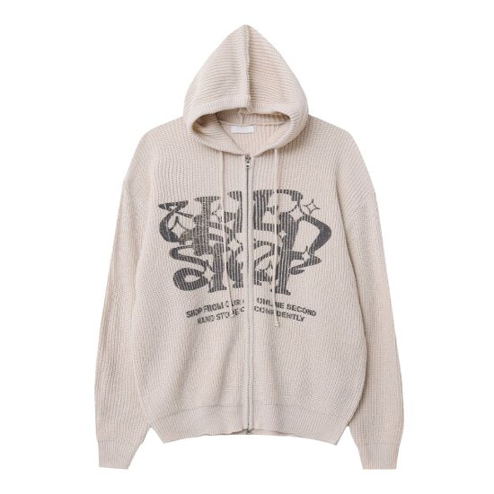 Two-ways Zip up Print Knit Hoodie