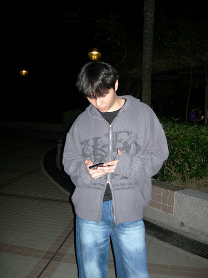 Two-ways Zip up Print Knit Hoodie