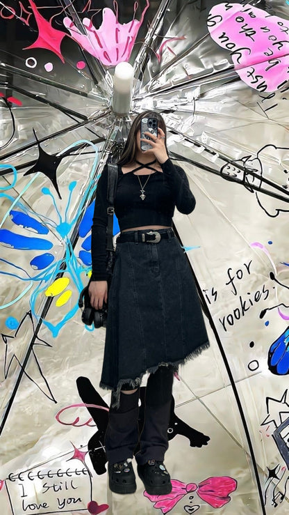 Irregular Tassel Denim Mid-skirt