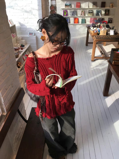 Ripped Off-shoulder Knitwear