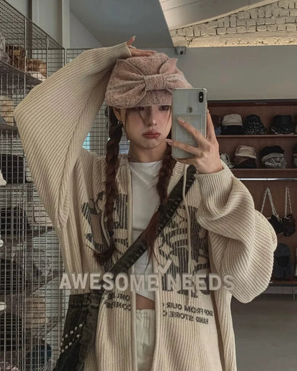 Two-ways Zip up Print Knit Hoodie