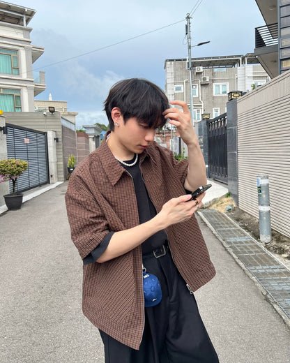 Two-ways Zipper Checkered Shirt