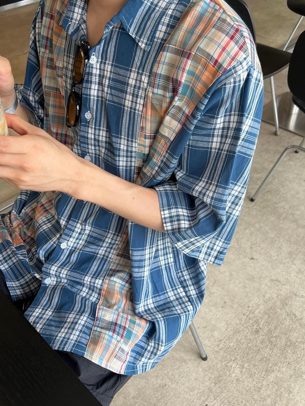 Patchwork Checked Half Shirt