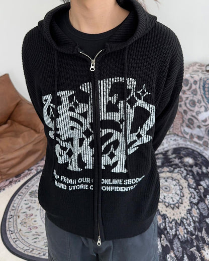 Two-ways Zip up Print Knit Hoodie