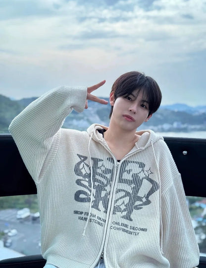 Two-ways Zip up Print Knit Hoodie