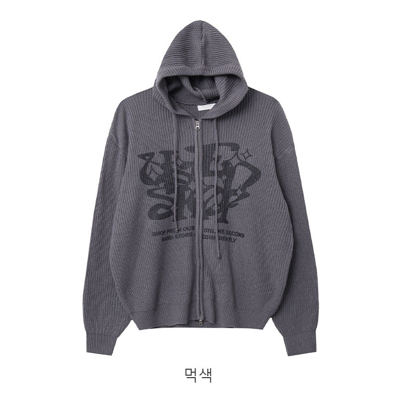 Two-ways Zip up Print Knit Hoodie