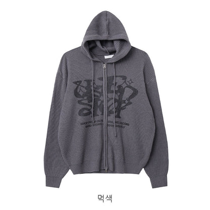 Two-ways Zip up Print Knit Hoodie