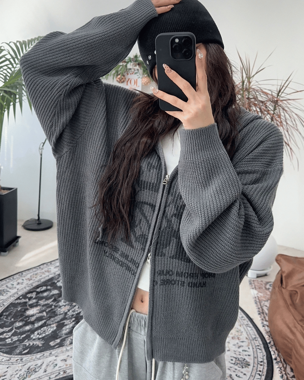 Two-ways Zip up Print Knit Hoodie