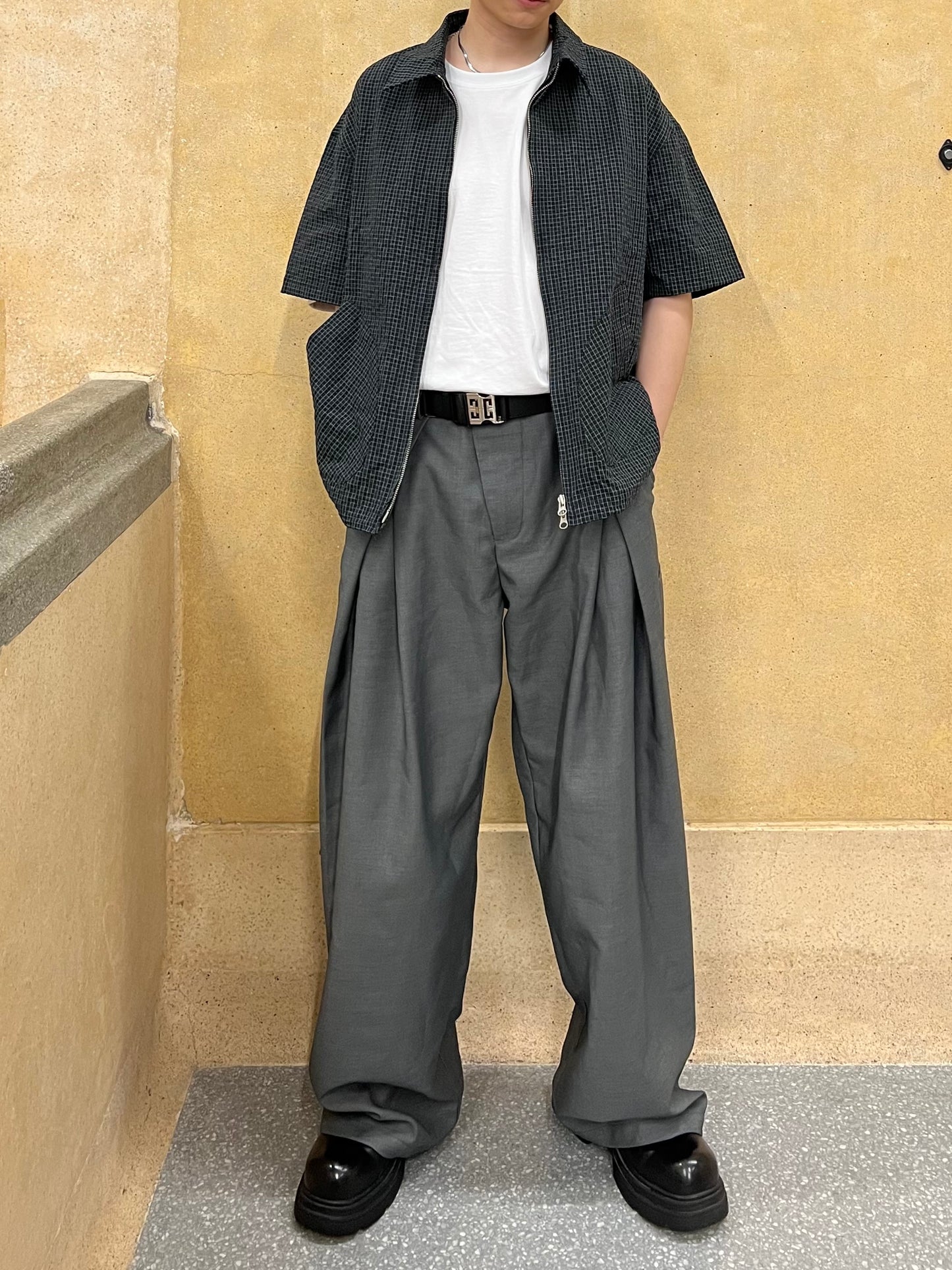 Two-ways Zipper Checkered Shirt