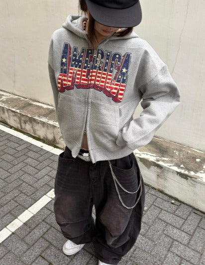 America Two-ways Zip Up Hoodie