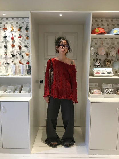Ripped Off-shoulder Knitwear