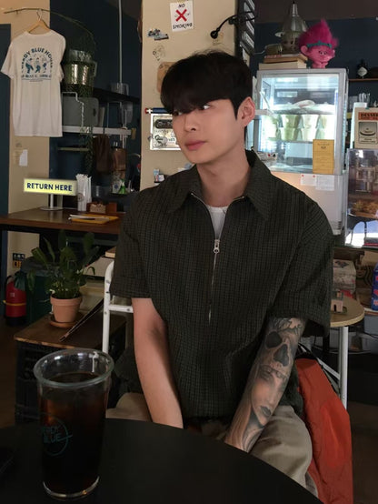 Two-ways Zipper Checkered Shirt