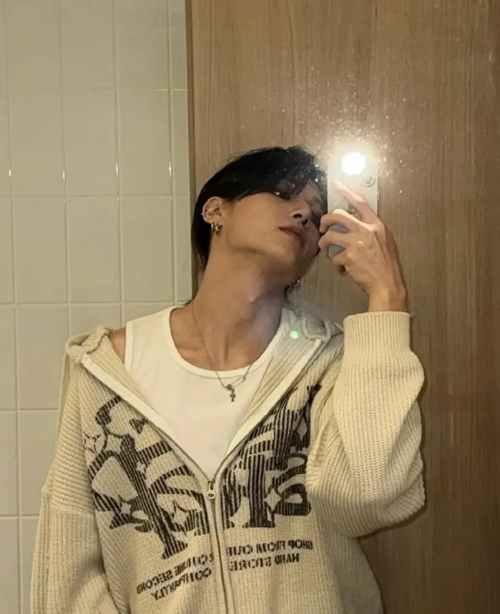 Two-ways Zip up Print Knit Hoodie