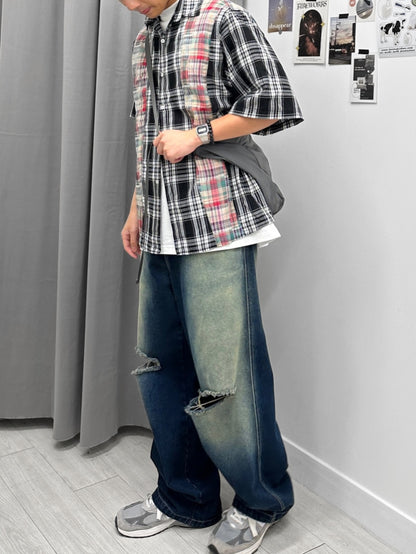 Patchwork Checked Half Shirt