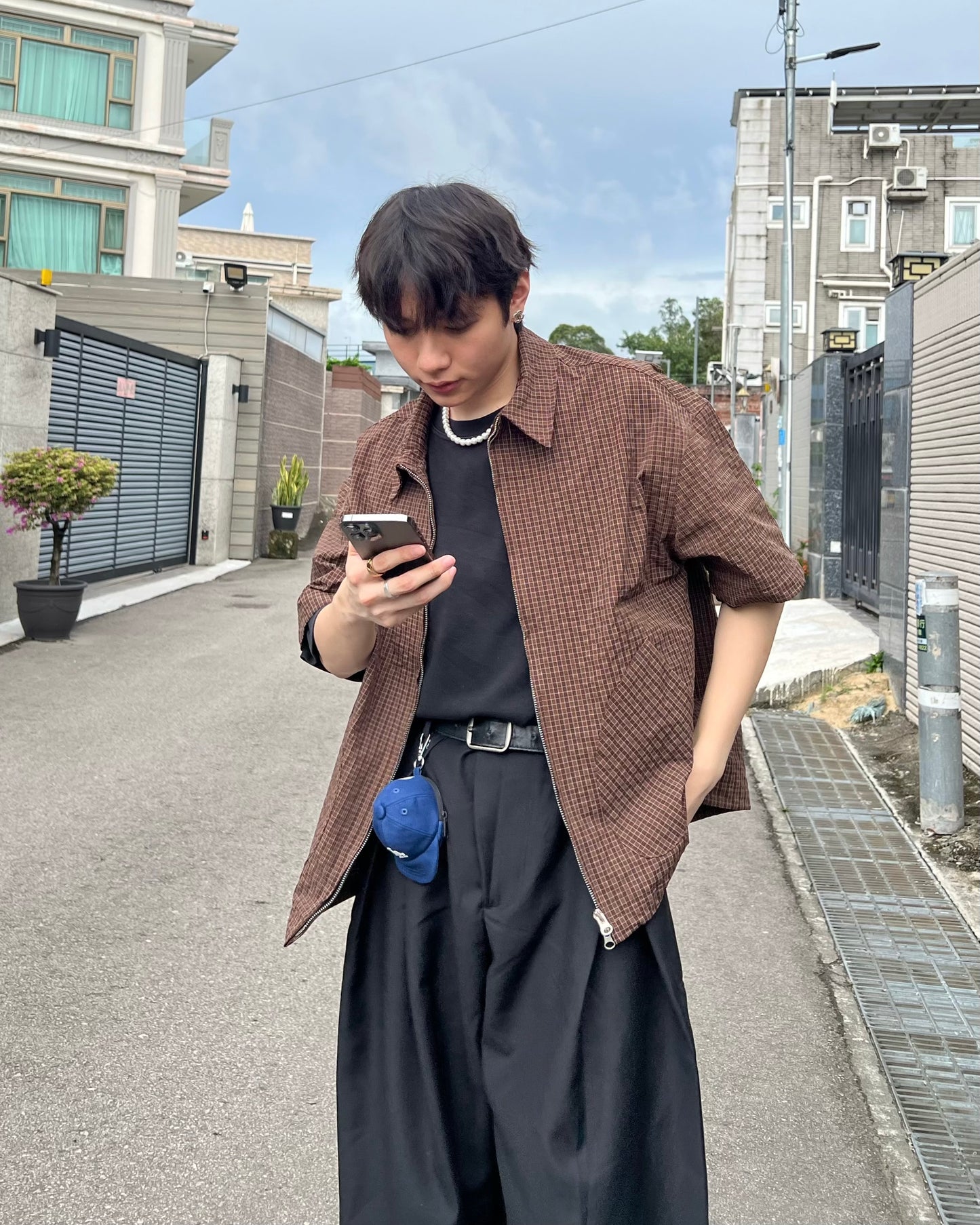 Two-ways Zipper Checkered Shirt