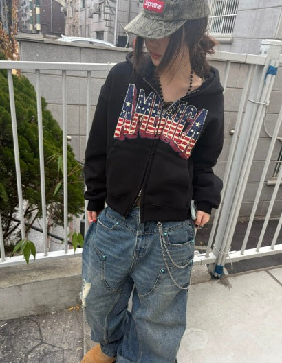 America Two-ways Zip Up Hoodie