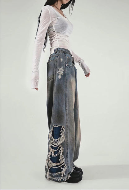 Side Damaged Vintage Denim Jeans (預訂）