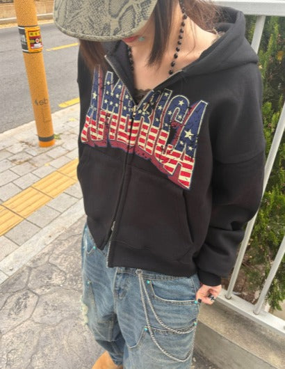 America Two-ways Zip Up Hoodie