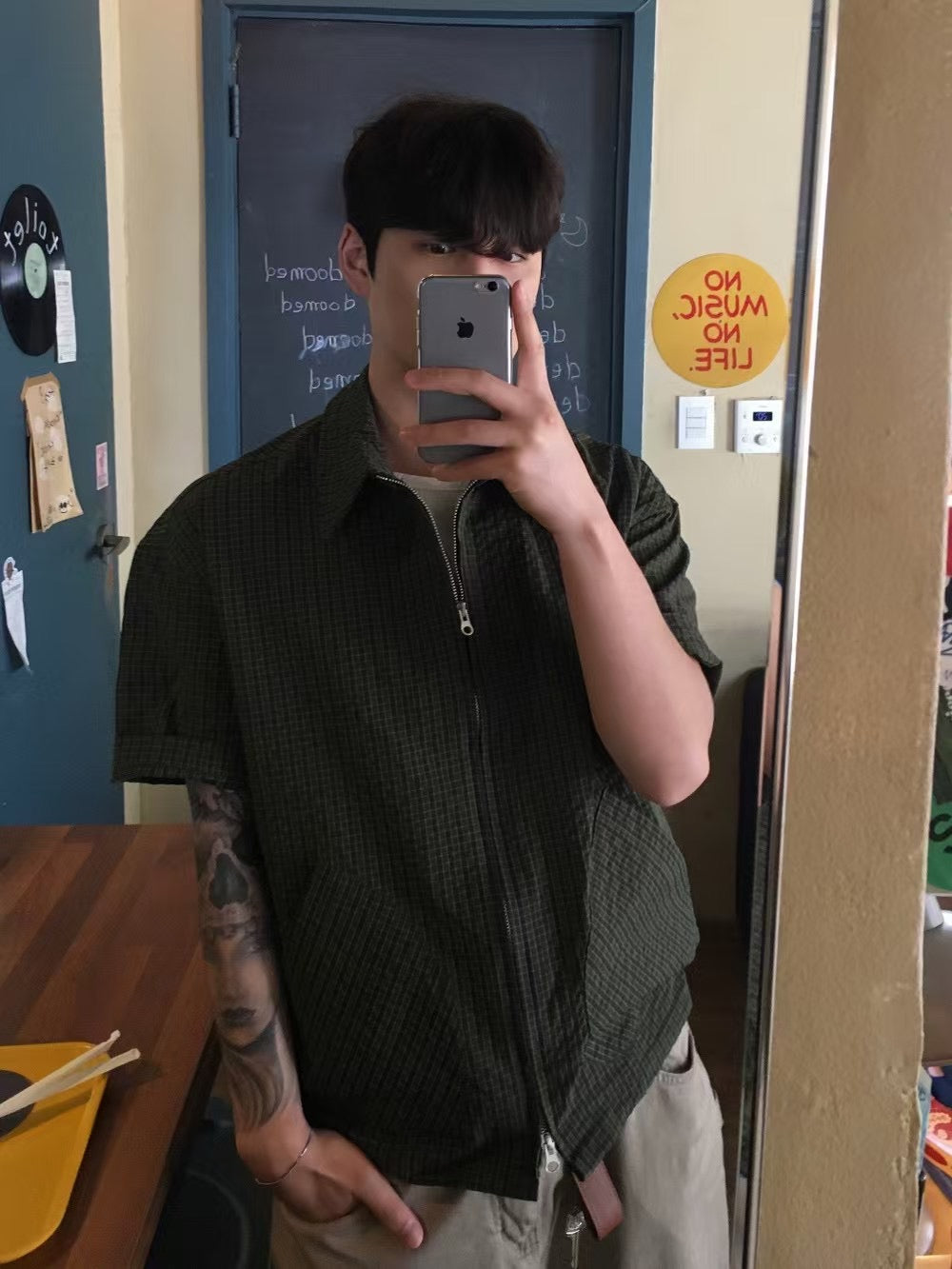 Two-ways Zipper Checkered Shirt