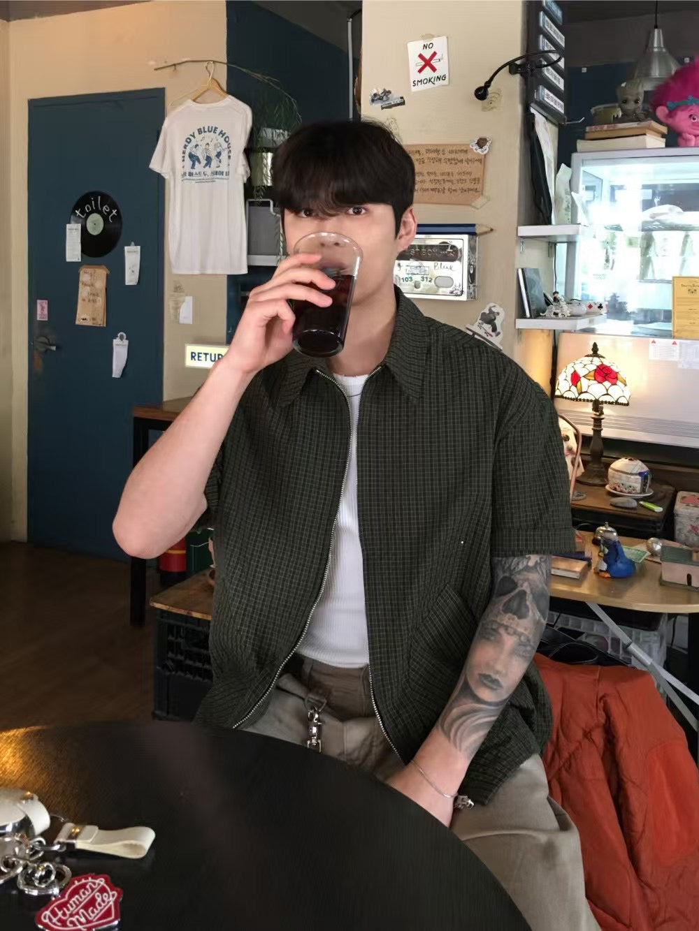 Two-ways Zipper Checkered Shirt