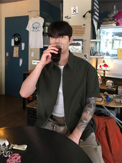 Two-ways Zipper Checkered Shirt