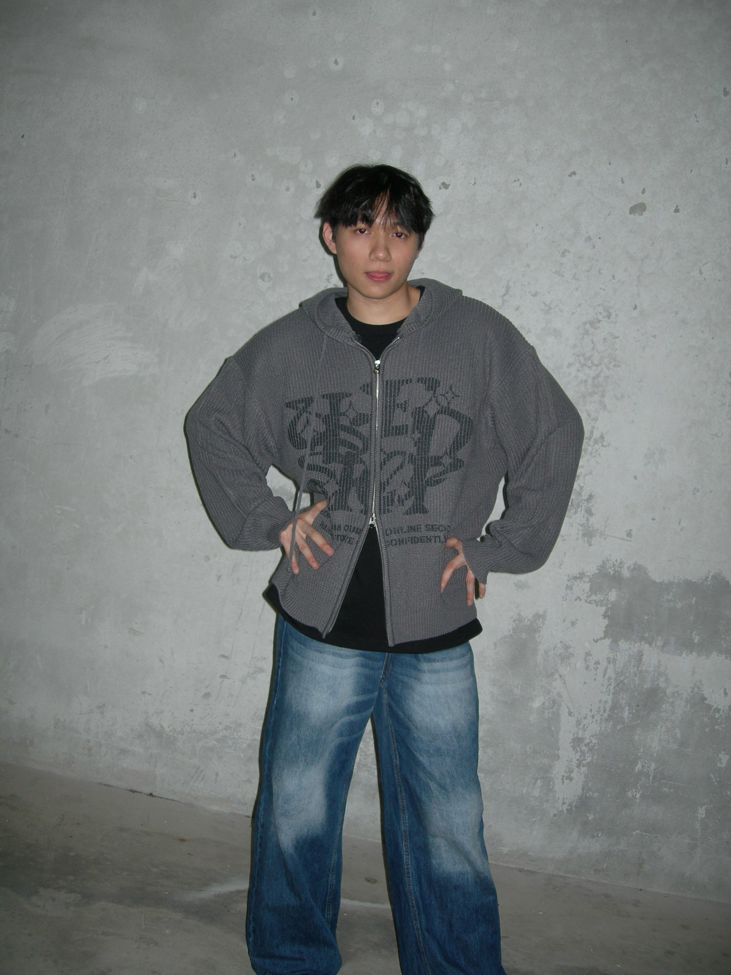 Two-ways Zip up Print Knit Hoodie