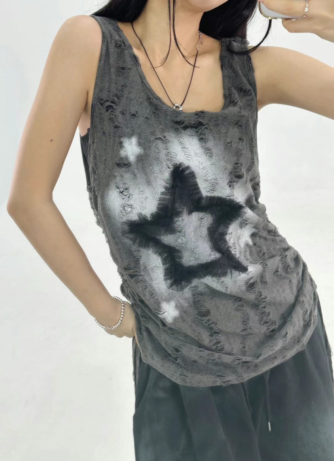 Star Damaged Sleeveless Top